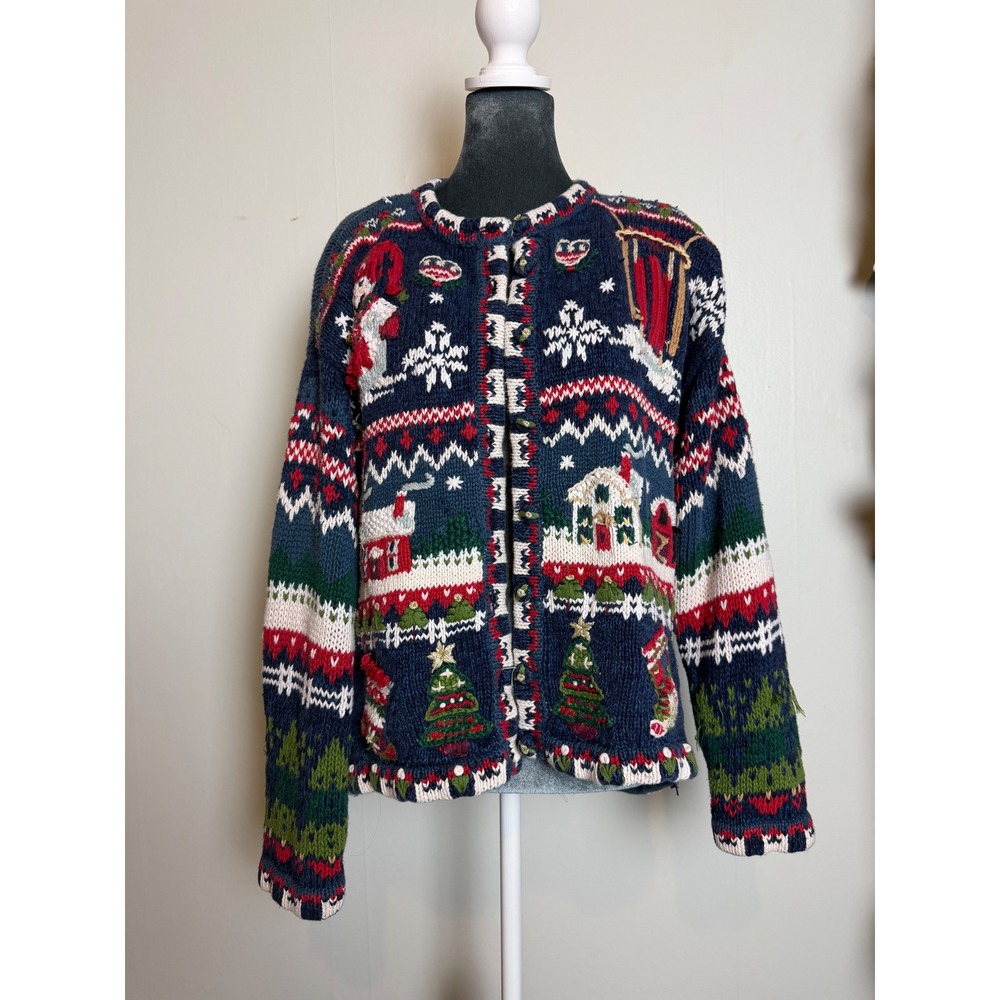 Vintage Northern Reflections Christmas Cardigan Sweater Winter farm barn country